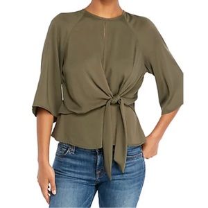 Topshop 3/4 Raglan Sleeve Top with Front Tie and Keyhole | Olive Green